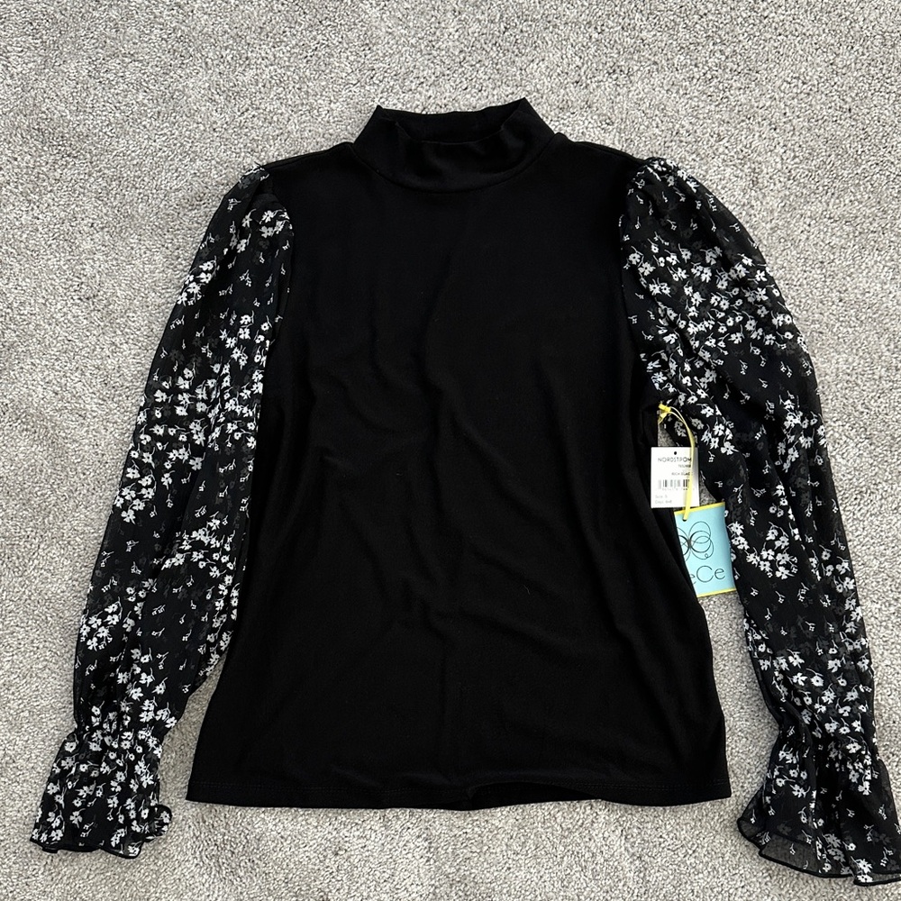 CeCe Black Top with Floral Sleeves